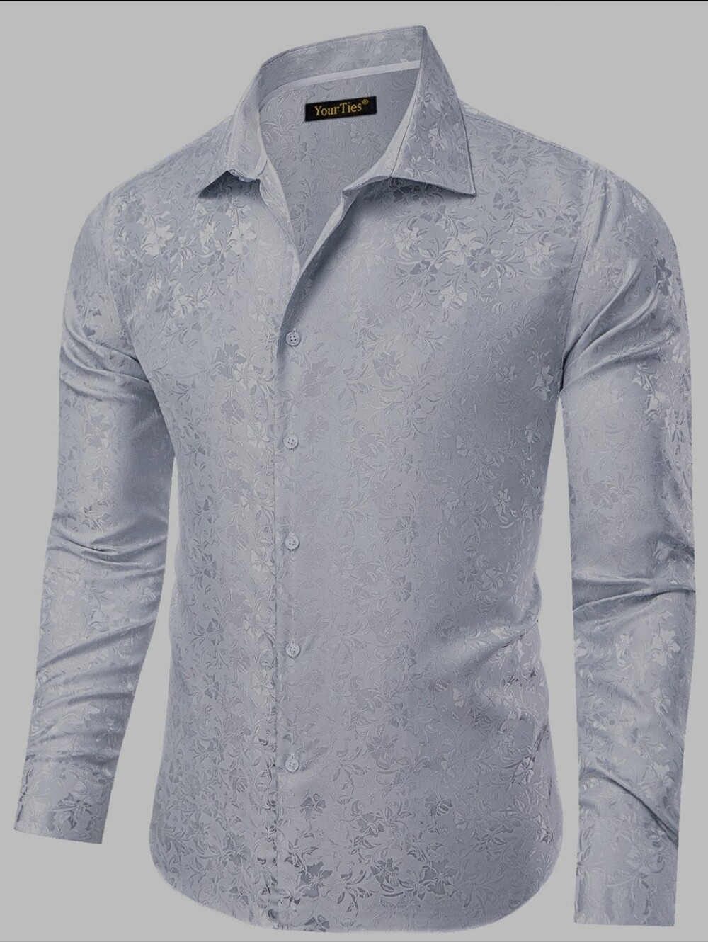 Men's Silver Floral Jacquard Dress Shirt • Formal Wedding Party Button Down
